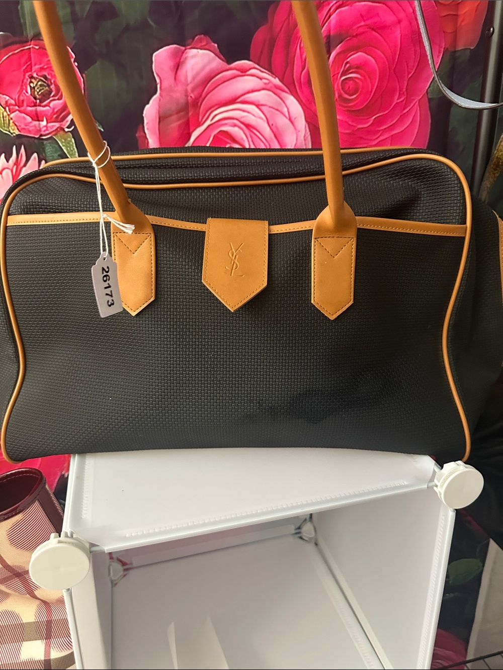 Yves Saint Laurent Black Duffel with Tan Trim and Handles